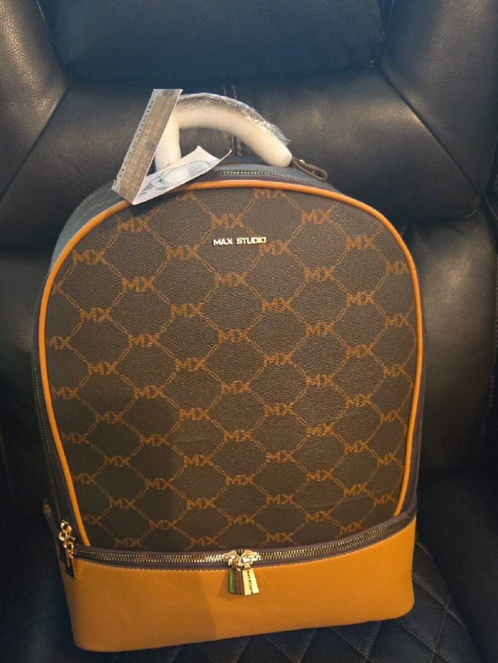 Max Studio Large Brown and Tan Backpack With Extra Storage On Bottom